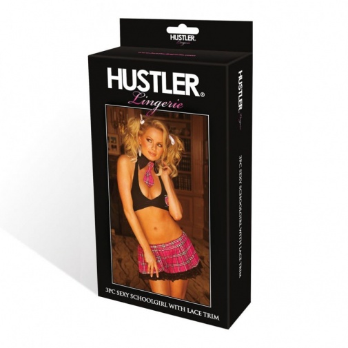 Huster - 3PC 性感女學生制服與蕾絲三件套 - 黑色/粉紅色 照片