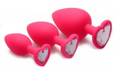 Frisky - Hearts 3 Piece Silicone Anal Plugs w/Gem Accents - Pink photo