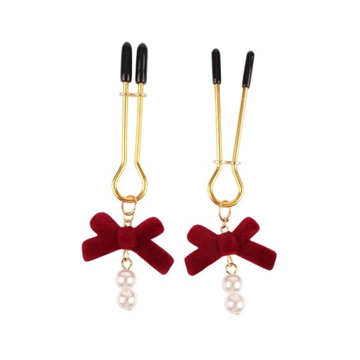Chisa - 珍珠吊飾乳頭夾 - 紅色 照片