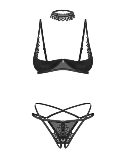 Obsessive - Donarella - 開襠內褲 半罩式胸罩 項圈 三件裝 - 黑色 - 加大/加加大碼  照片