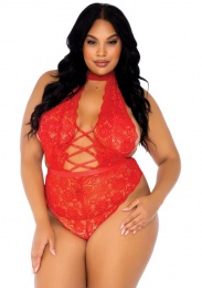Leg Avenue - High Neck Floral Backless Teddy - Red - 1X-2X photo