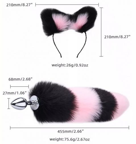MT - 尾巴後庭塞 連狐狸耳朵, 頸圈 及 乳頭夾 - 粉紅色/黑色 照片