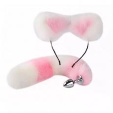 MT - 尾巴後庭塞 連貓耳朵 - 粉紅色/白色 照片