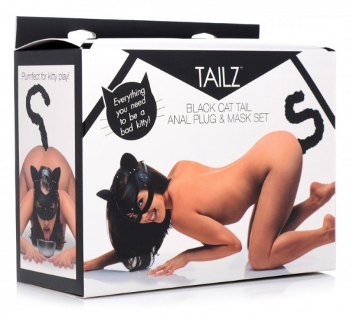 Tailz - 猫尾巴后庭塞及面罩套装 - 黑色 照片