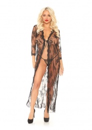 Leg Avenue - Long Lace Robe with G-String - Black - S/M photo