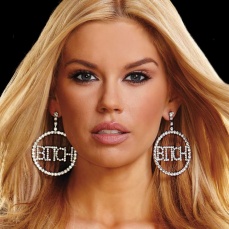 Ann Devine - Bitch Rhinestone Doorknocker Earrings 2in photo